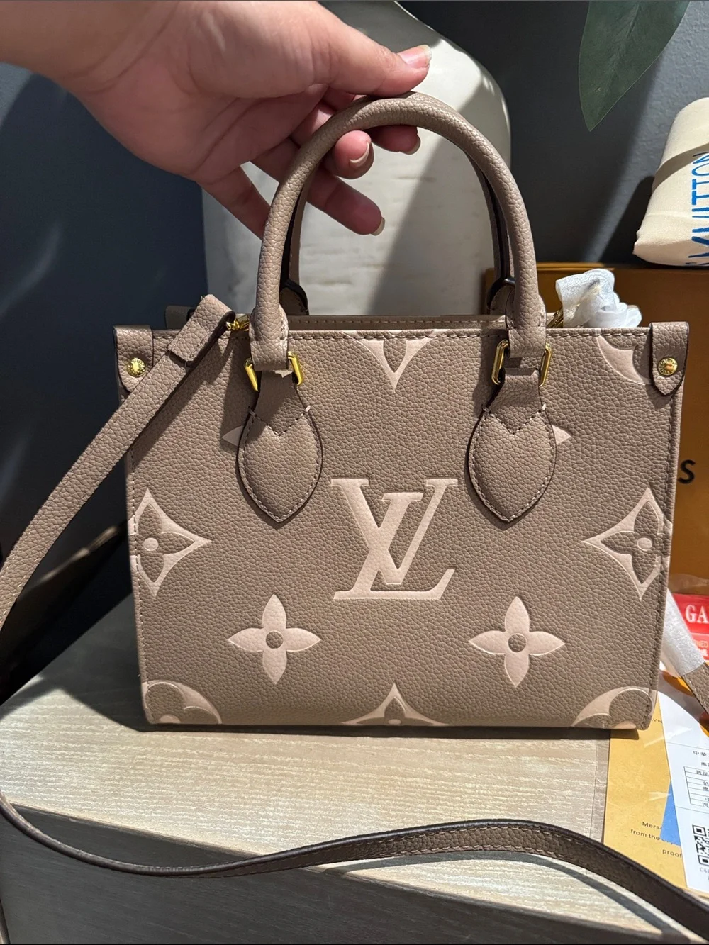 Louis Vuitton Taupe & Cream Monogram OnTheGo Satchel